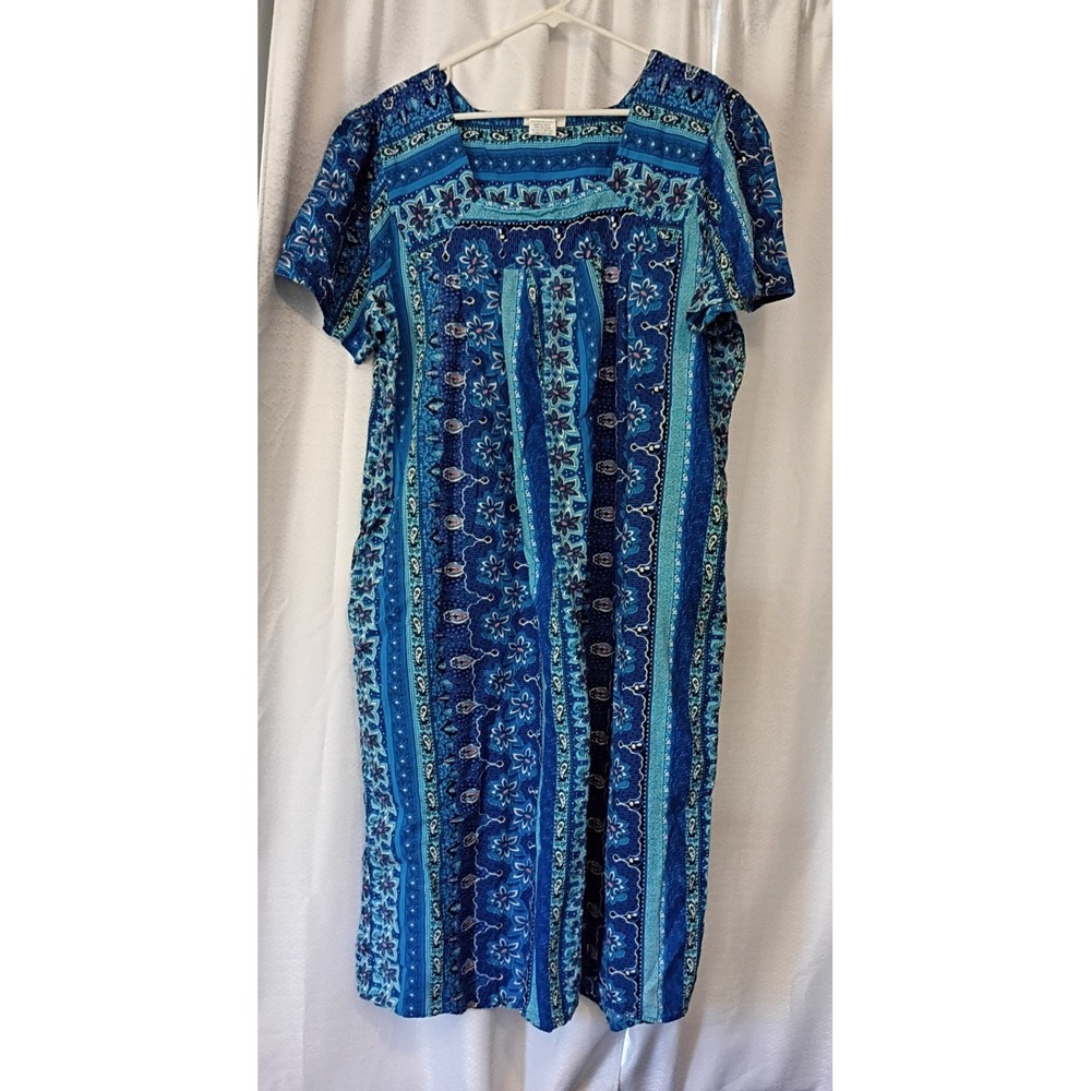 CW Classics Dress Women's 2X Blue Floral Paisley Lounge Muumuu Pockets Cotton
